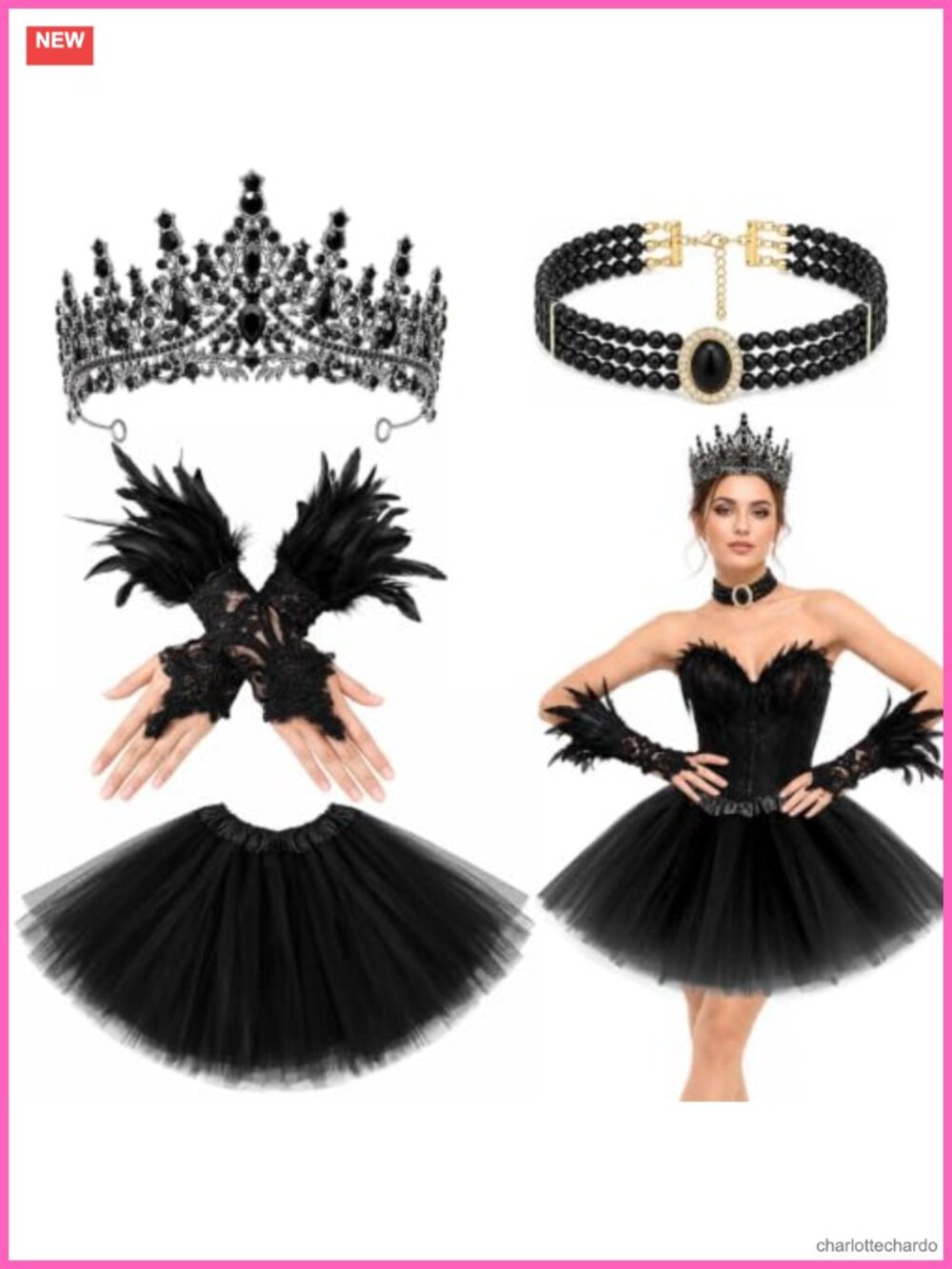 Halloween Swan Costume Accessory Set Choker Feather Lace Gloves Tutu Skirt